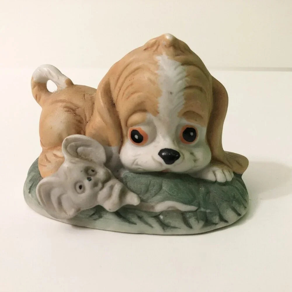 Vintage Puppy Dog and Mouse Ceramic Figurine  Made in Taiwan 2.5 Inch Tall
